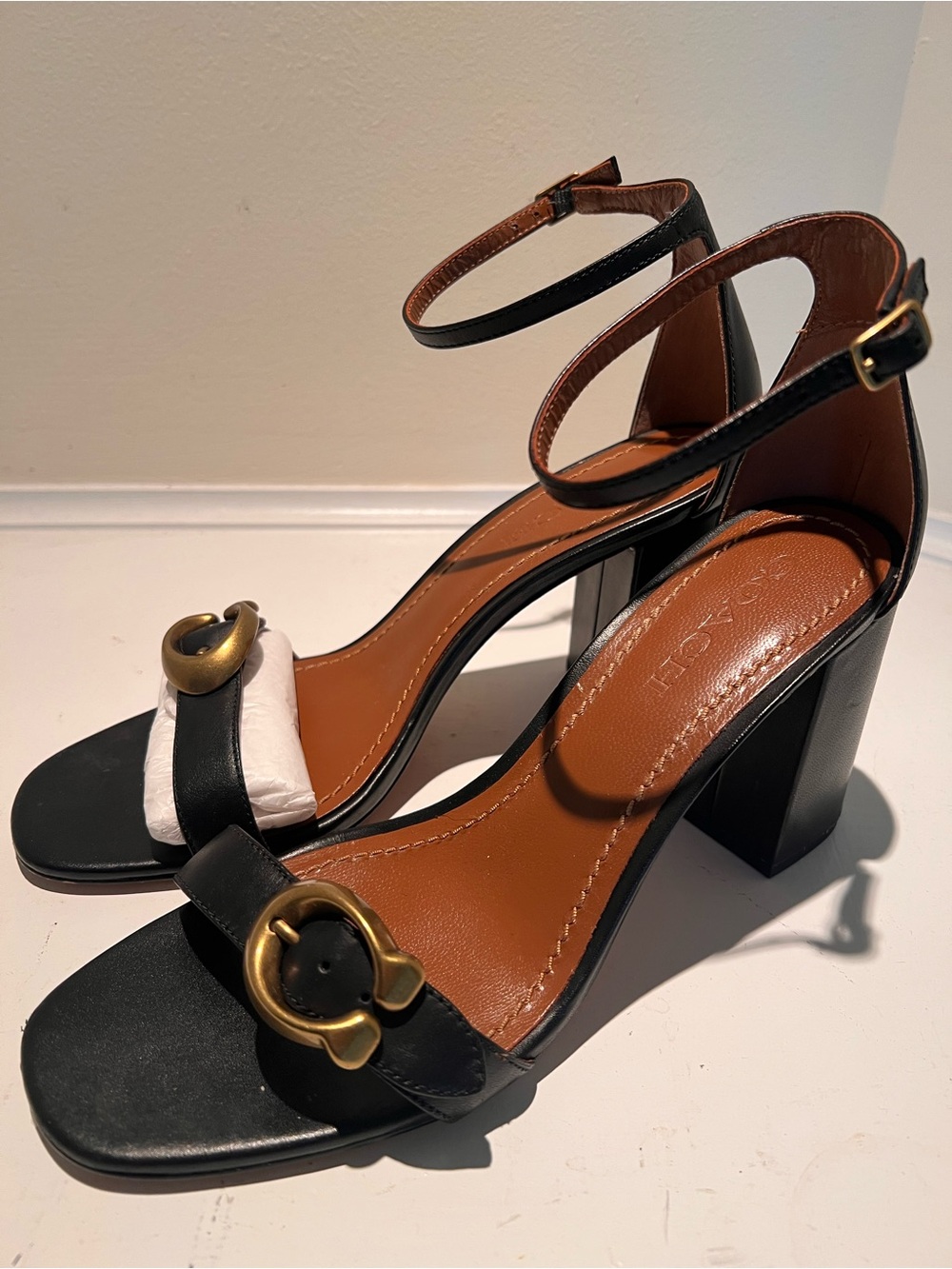 COACH Black Leather Ankle-Strap Block Heels with Gold Accent - Picture 6 of 8